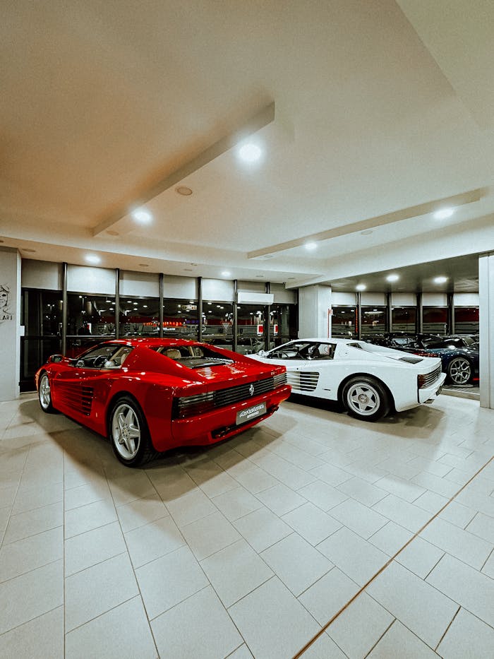 Red and white vintage sports cars beautifully displayed in an indoor showroom.