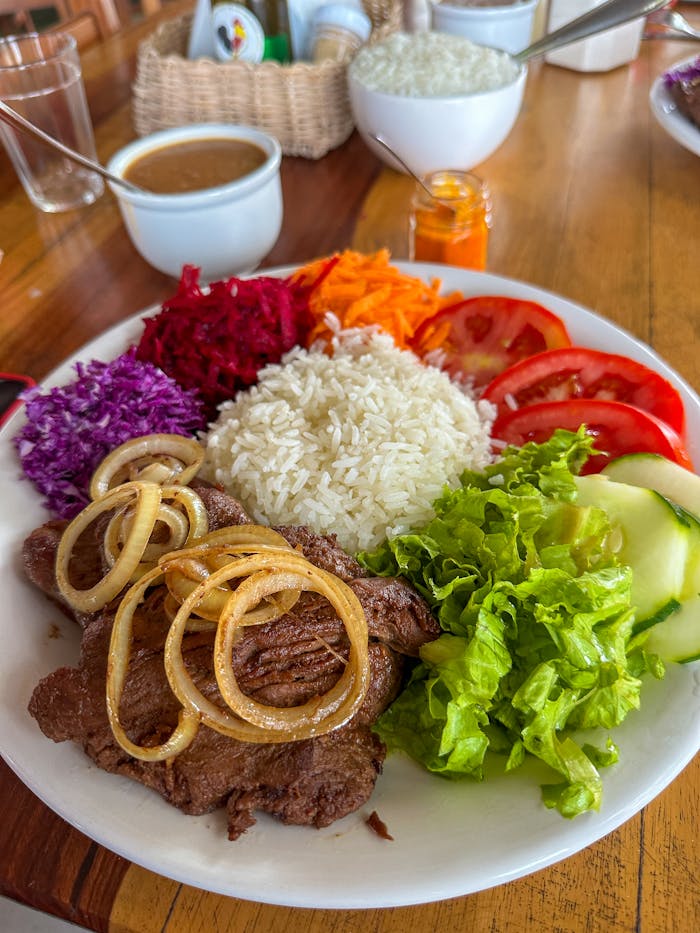 Colorful plate of Brazilian-style beef, rice, and vegetables, perfect for showcasing diverse flavors.